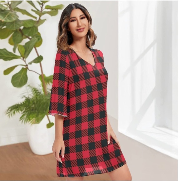 Black Red Buffalo Check Plaid V-Neck Bell Sleeve Sweet & Cute Shift Mini Dress - Picture 6 of 6